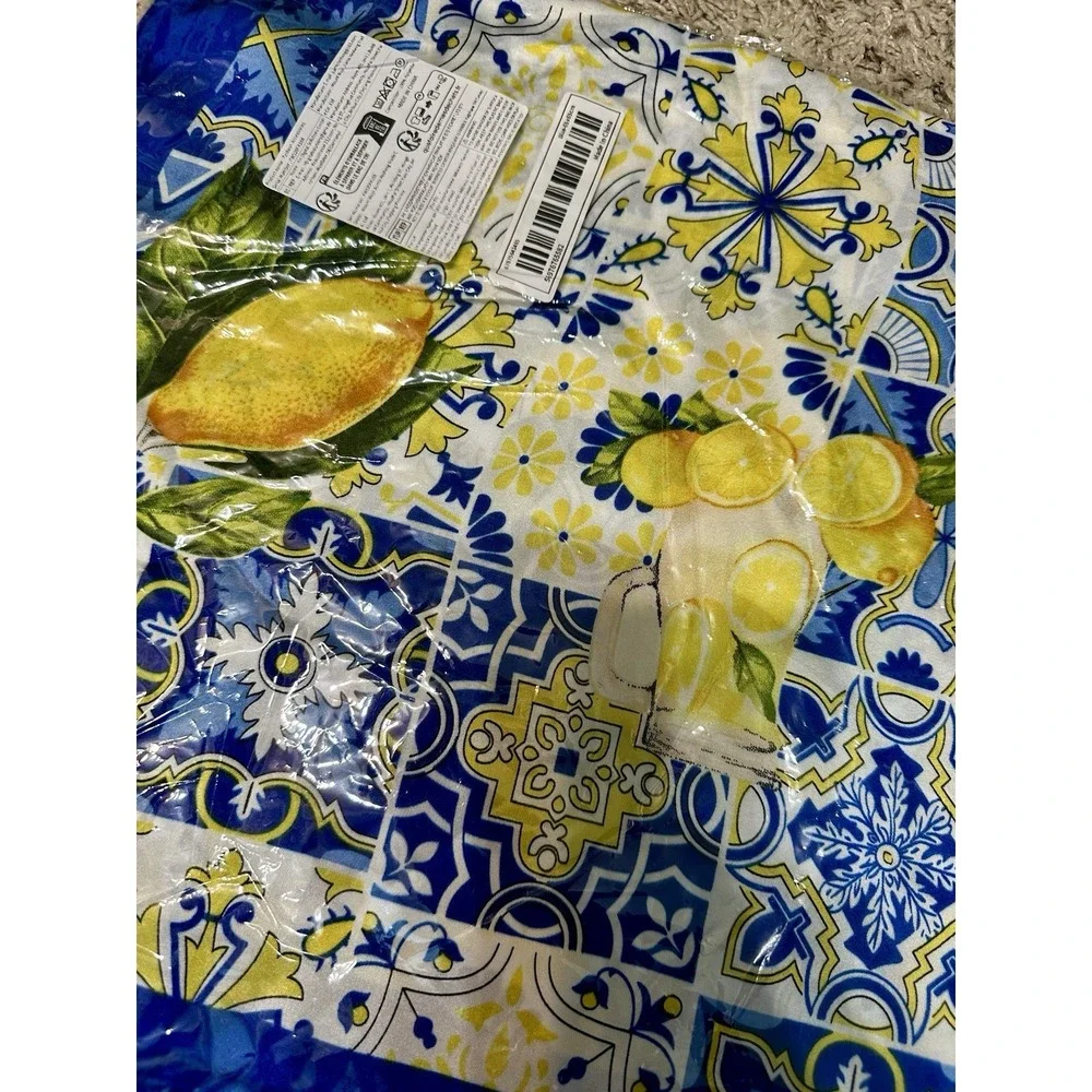 Italian Tile Lemon Print Square Scarf  Blue Yellow Amalfi Coast Satin Head Wrap